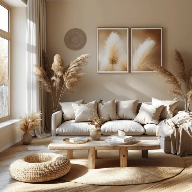 Bright Scandinavian living room with a beige sofa, natural wood furniture, and pampas grass decor in a modern boho style.