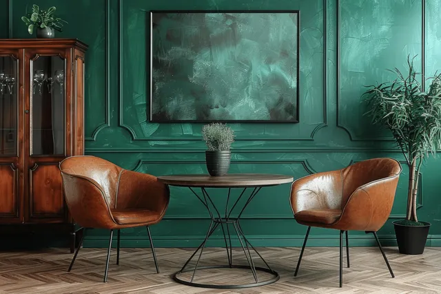 Two brown leather armchairs and a round dining table sit in front of a green wall with a large framed painting.