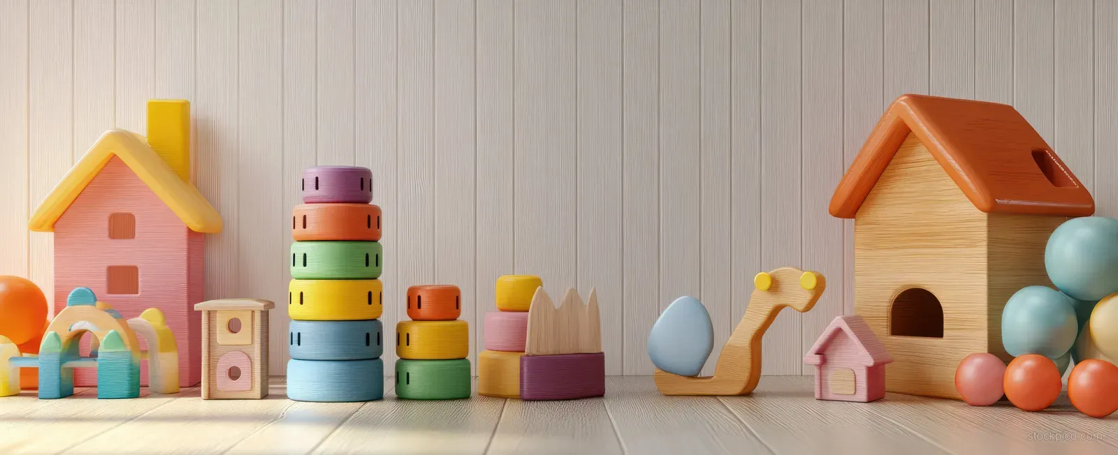 Colorful wooden stacking rings and xylophone alongside toy houses and blocks on a playroom shelf.