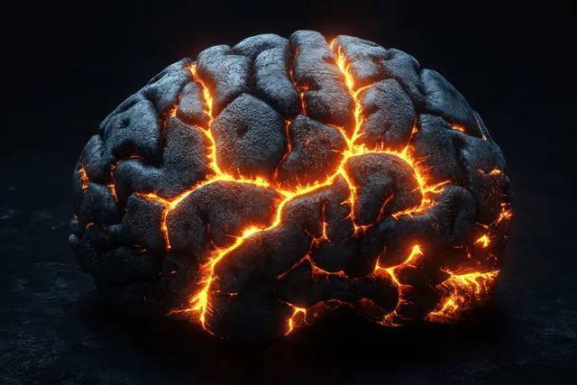 A cracked dark brain glows with molten lava-like light through glowing fissures on a black background.