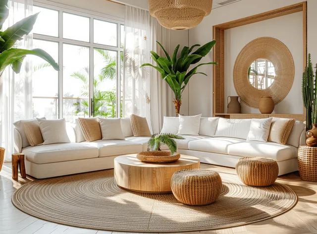 White curved sofa and rattan chairs in a bright living room beside large windows and warm sunlight plants.