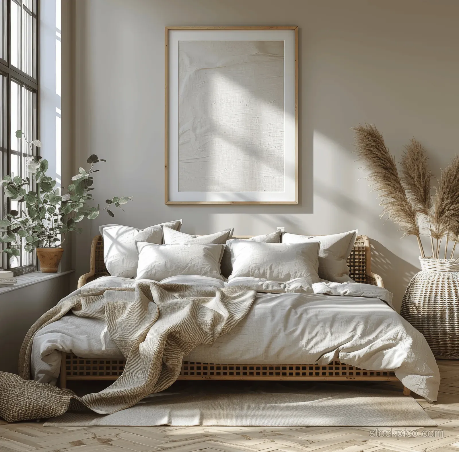 Sunlit coastal bedroom interior with a wooden bed, beige bedding, and a framed wall artwork above pillows.