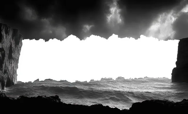 Monochrome view through a dark cave opening onto a stormy ocean with foamy waves under cloudy sky.