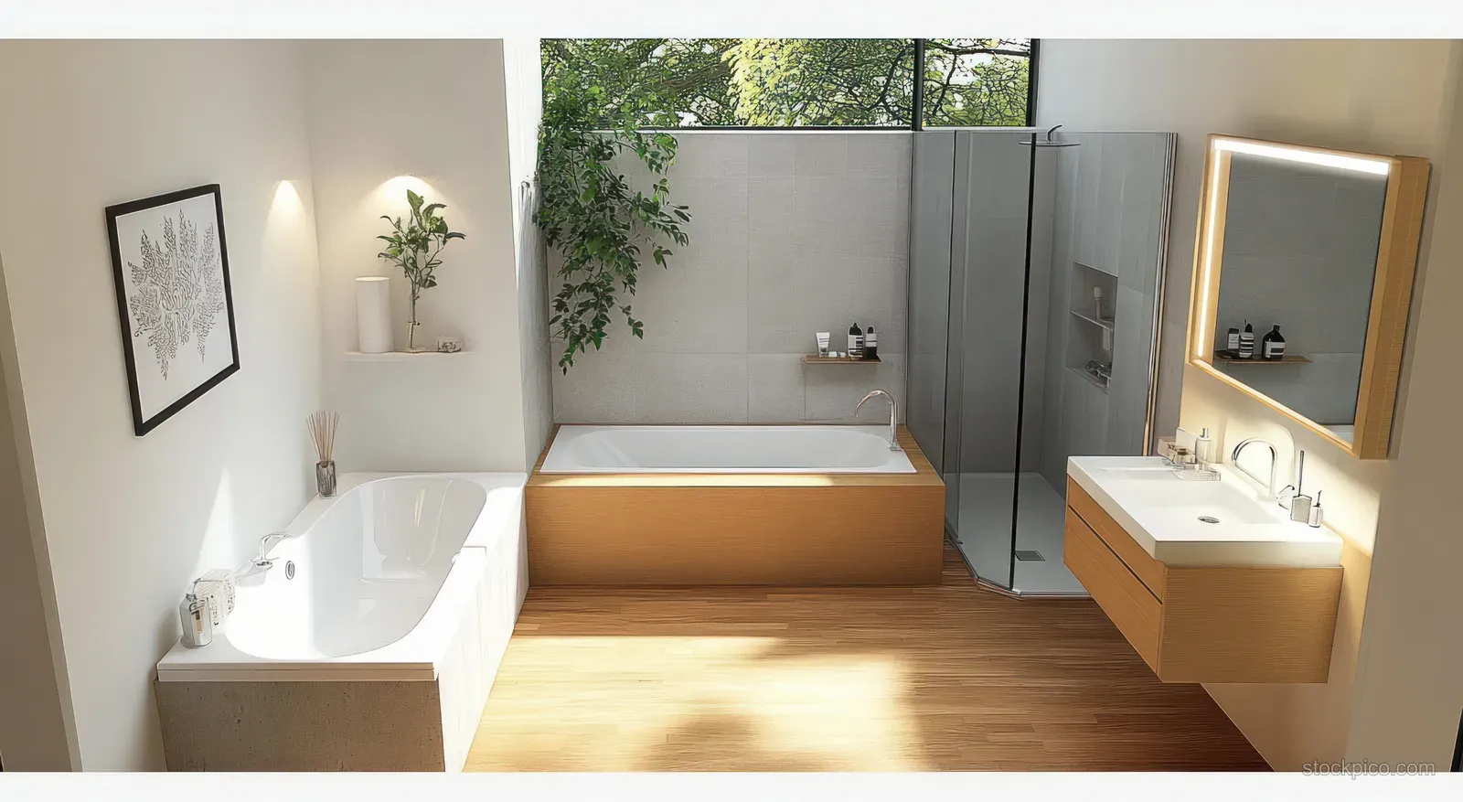 Top-down view of a minimalist bathroom with warm wood floors, a white tub, shower, and wooden vanity lit by a window.
