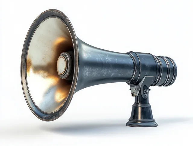 Vintage black megaphone close-up with metallic reflective interior on clean white background