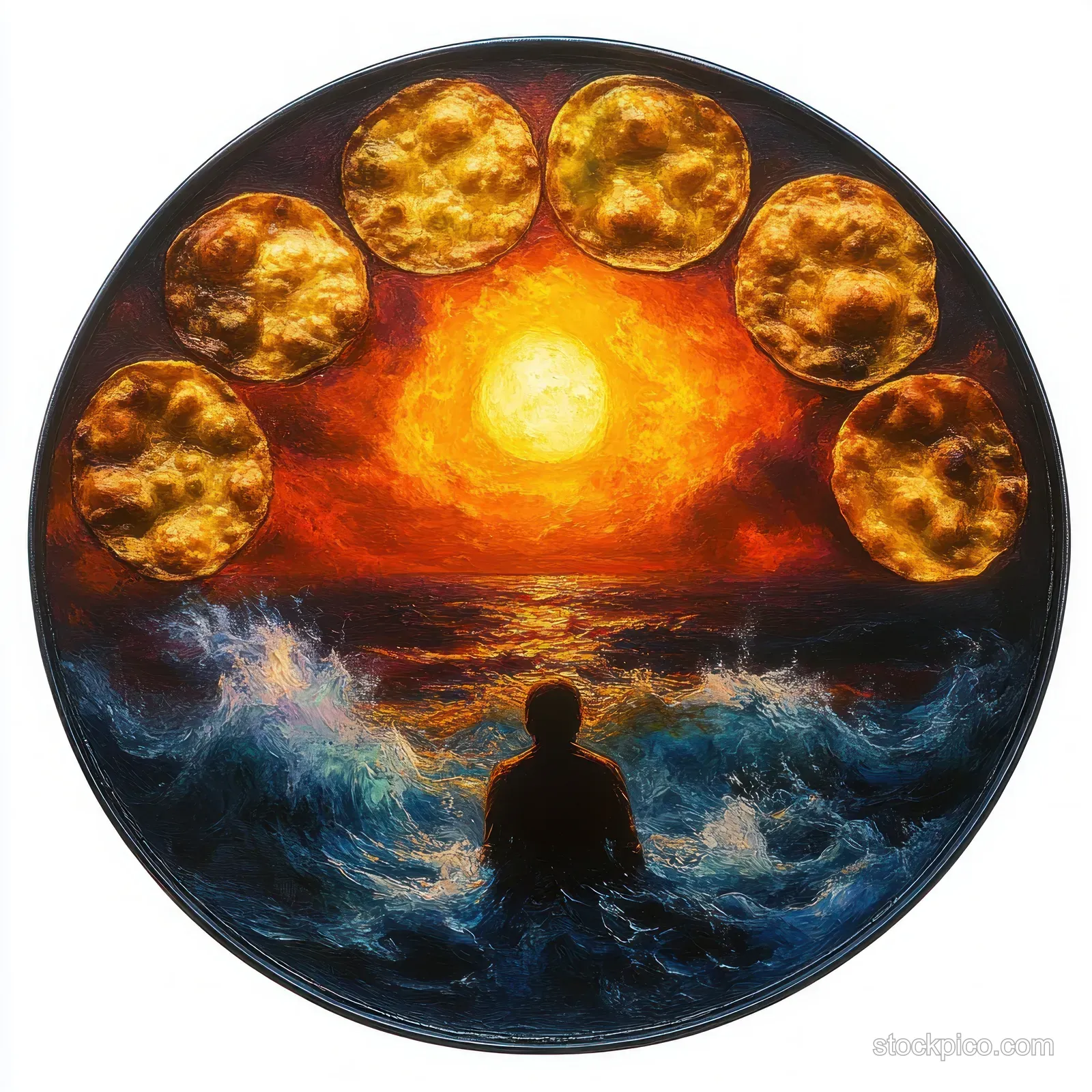 Silhouette sits in turbulent ocean waves during a fiery sunset, with golden bread pieces floating in an arc above the horizon.