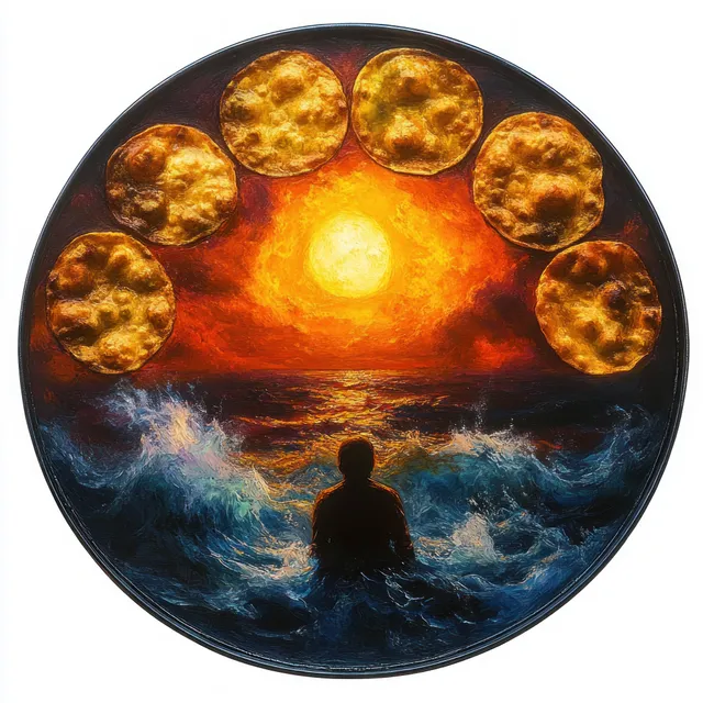 Silhouette sits in turbulent ocean waves during a fiery sunset, with golden bread pieces floating in an arc above the horizon.