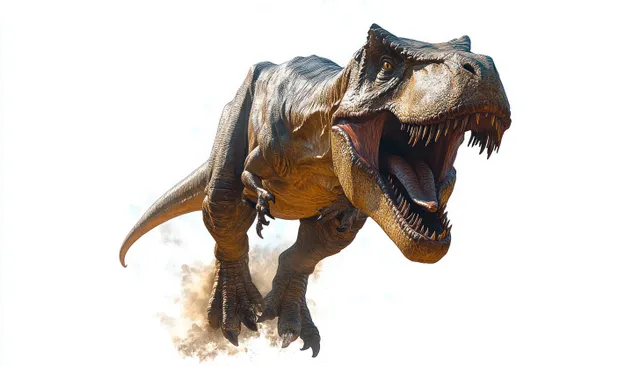 A roaring dinosaur with open jaws and extended claws runs forward on a white background.
