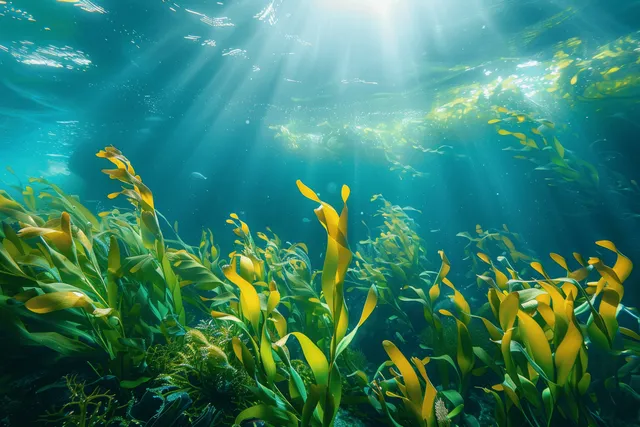 Close-up seagrass underwater swaying in sunlight beams with blurred fish drifting behind