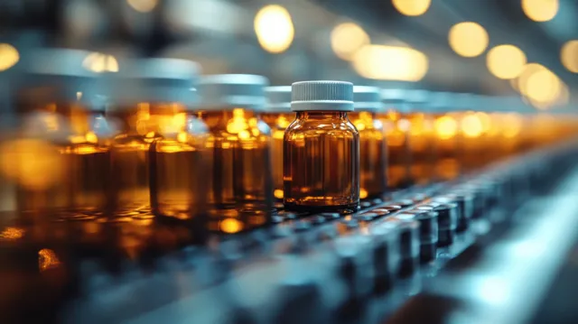 Row of amber pharmaceutical glass bottles with white caps on a production line under warm factory lights.