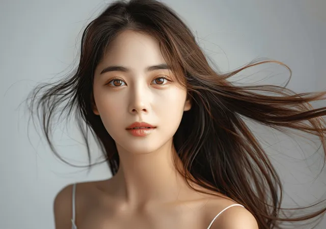 Asian woman in a white dress posing against a gray background with long flowing shiny brown hair.
