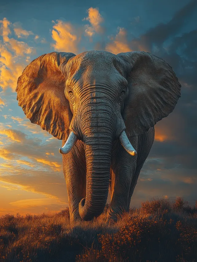 Um elefante pré-histórico de quatro presas caminha por uma colina gramada ao pôr do sol, sob nuvens dispersas.