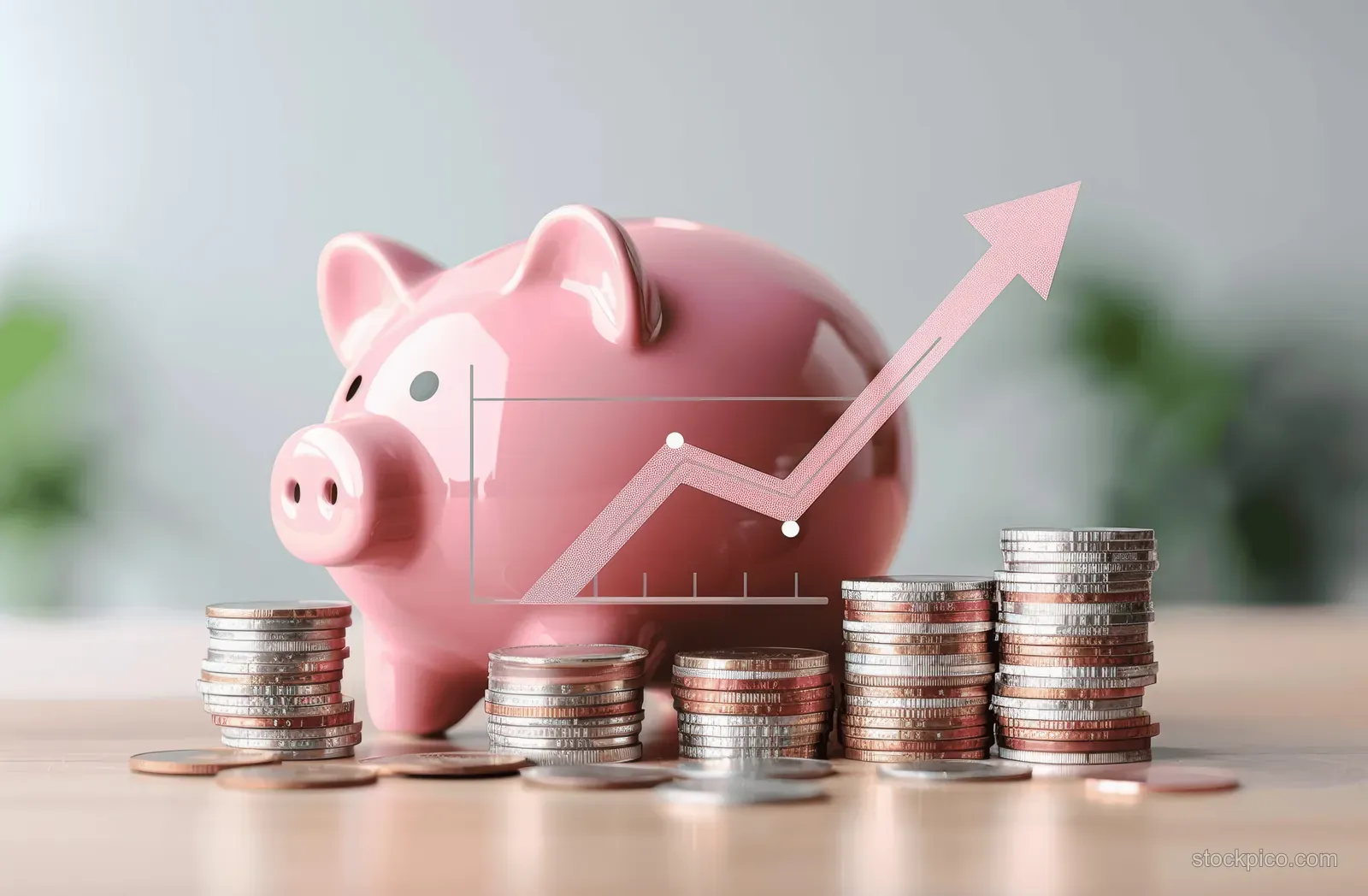Pink piggy bank with a rising arrow icon above stacked coins for savings growth.