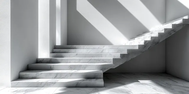 White geometric hexagon honeycomb pyramid structure surrounds descending stairs in a clean corridor with soft shadows.
