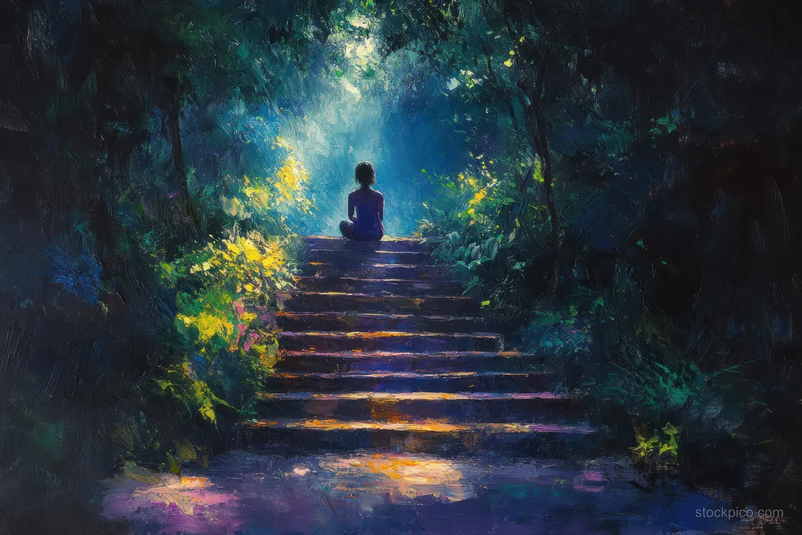 Two women chatting on wooden stairs surrounded by lush green trees under soft sunlight.
