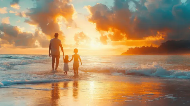A parent and child walk along the sunrise beach with glowing ocean waves and soft clouds overhead.