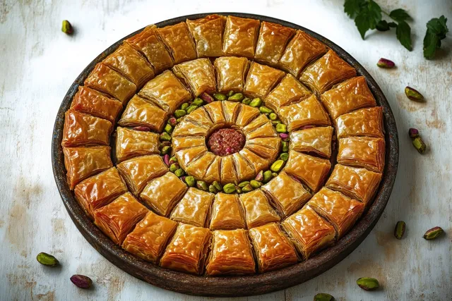 Circular tray of golden baklava with concentric flaky layers and pistachios on rustic white wooden surface.