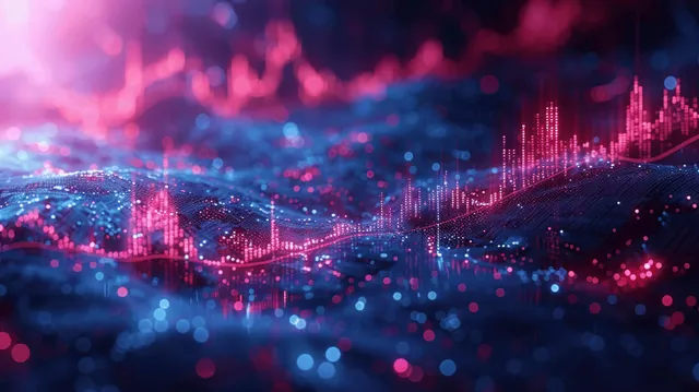 Rising stock market graph over blue trading data with glowing grid and candlesticks