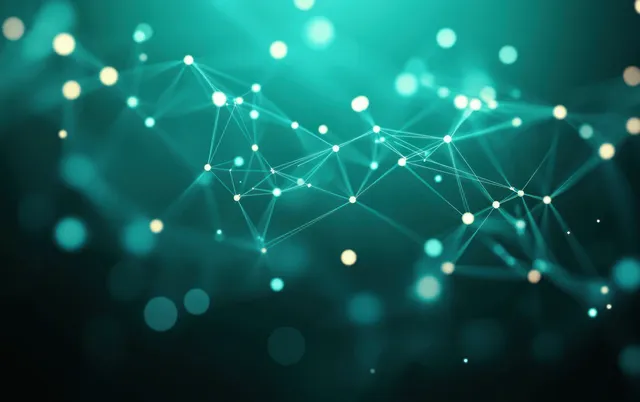 Glowing network nodes connected by thin lines float over a teal and black abstract digital background.