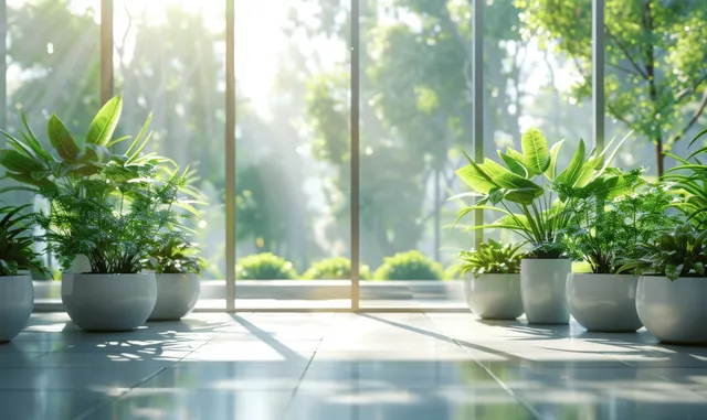 Sunlit office lobby interior with potted plants on a polished floor and large windows showing trees and city.