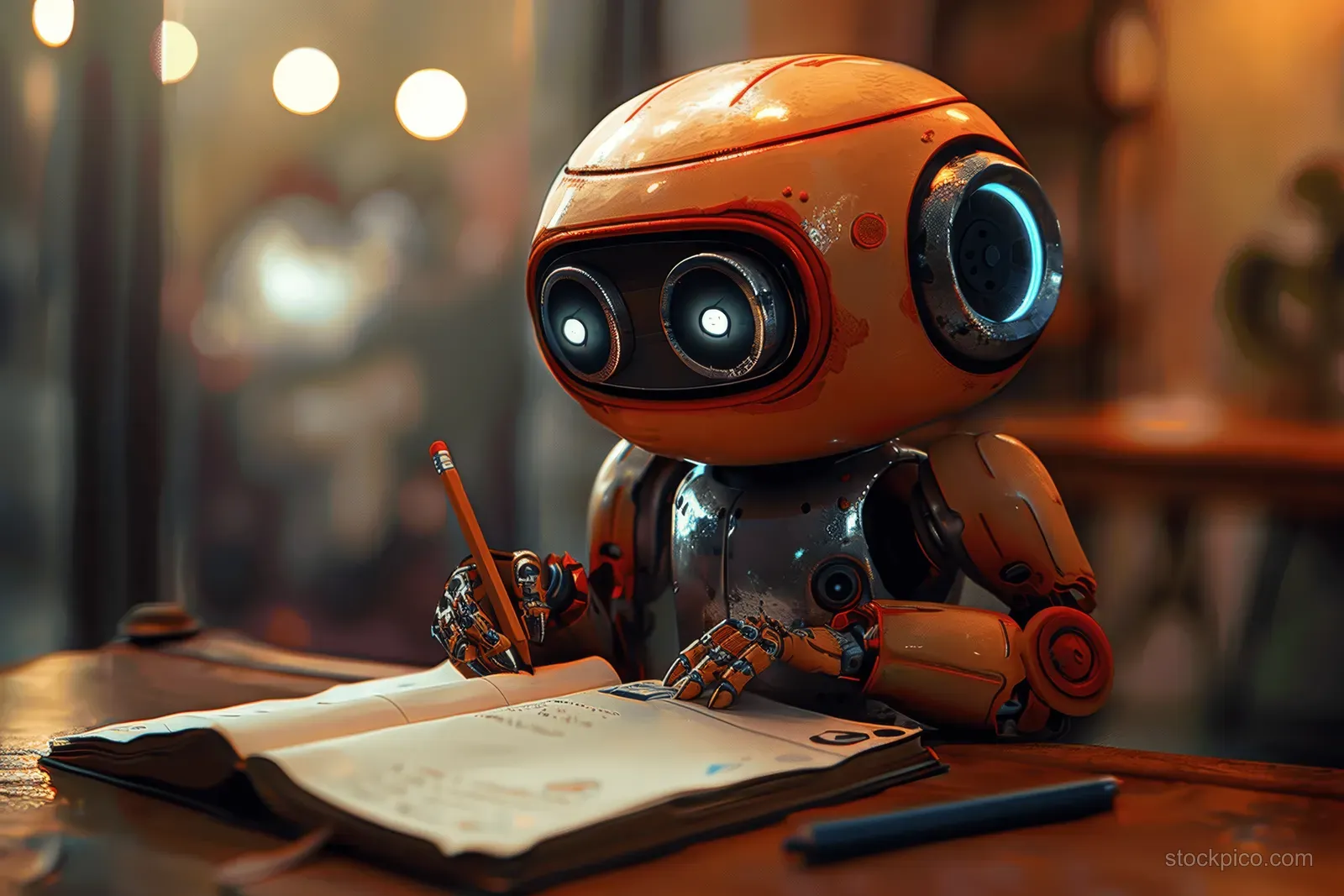 A cute orange robot writes homework in an open notebook on a desk with a pencil beside it.