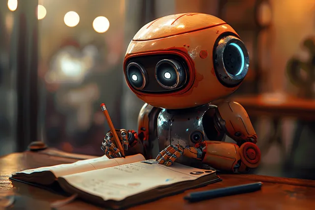 Cute orange robot writing homework in open notebook at a desk
