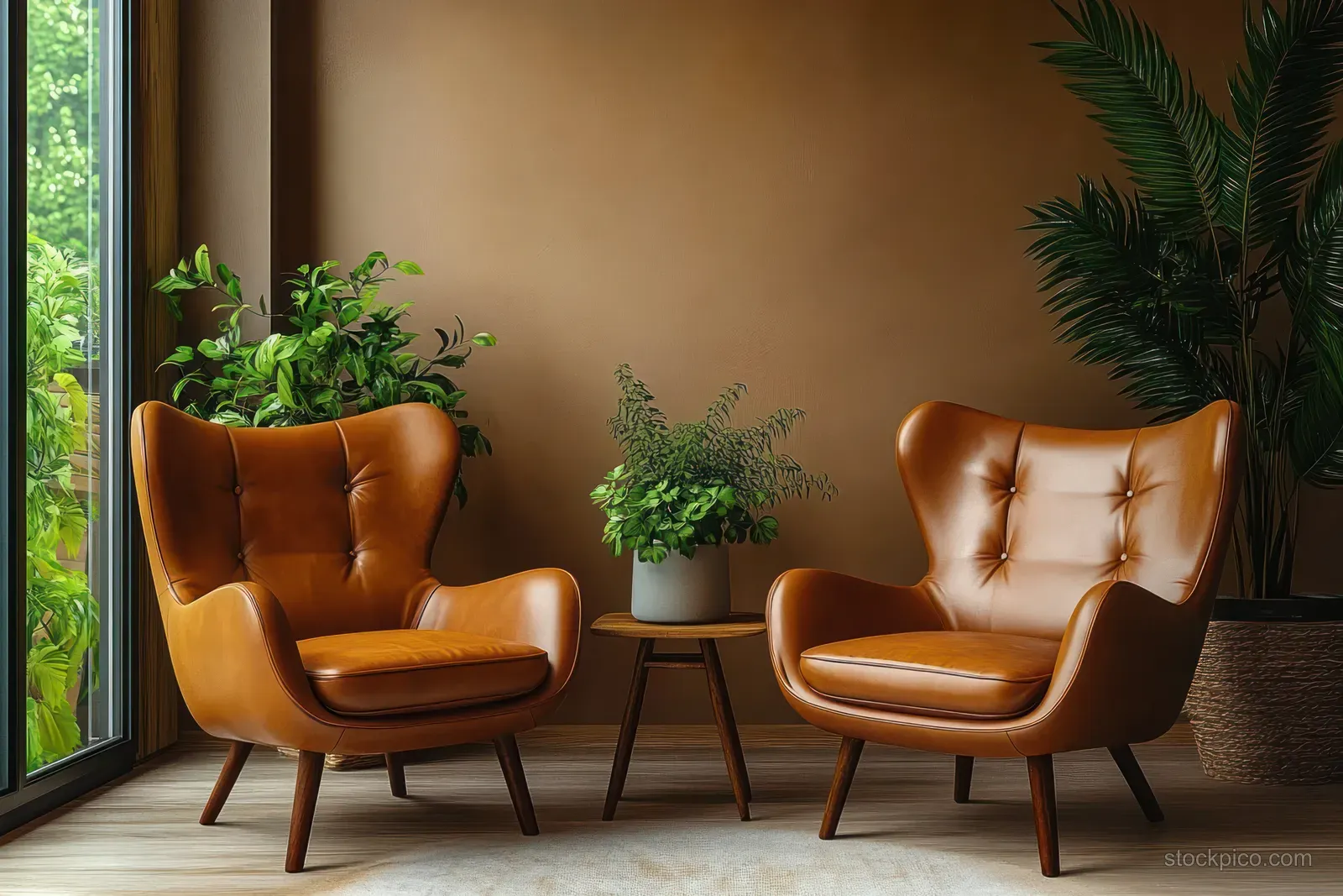 Two tufted leather armchairs and a small side table sit in a minimalist living room with indoor plants against a brown wall.