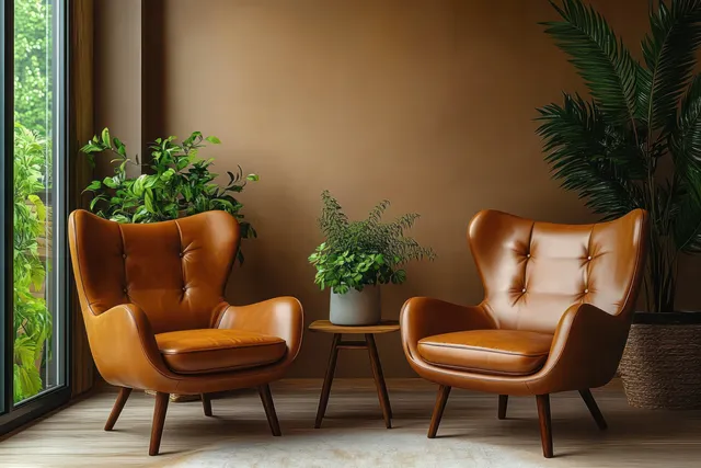 Two tufted leather armchairs and a small side table sit in a minimalist living room with indoor plants against a brown wall.