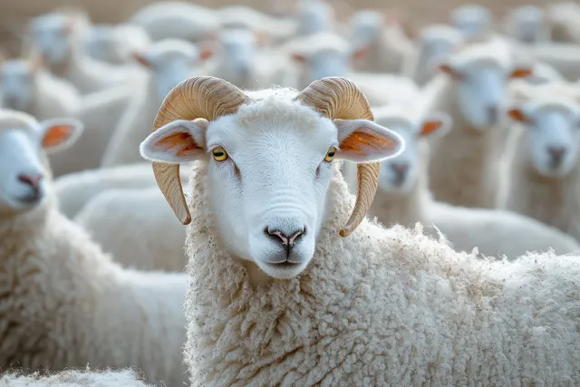 A white sheep looks at the camera with a blurred herd of sheep behind it in a snowy field.