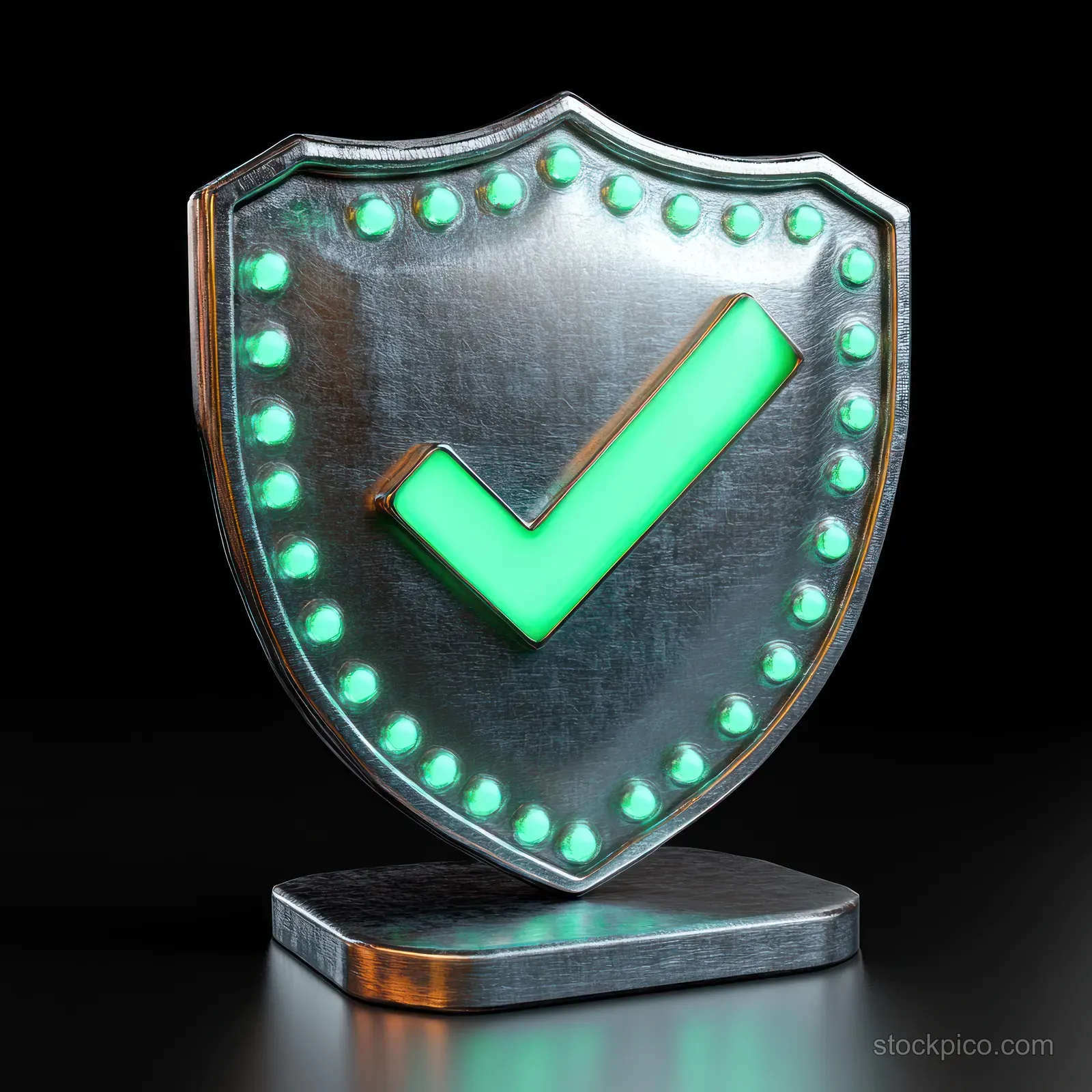 Metal shield trophy with a glowing green check mark surrounded by light dots on a black background.