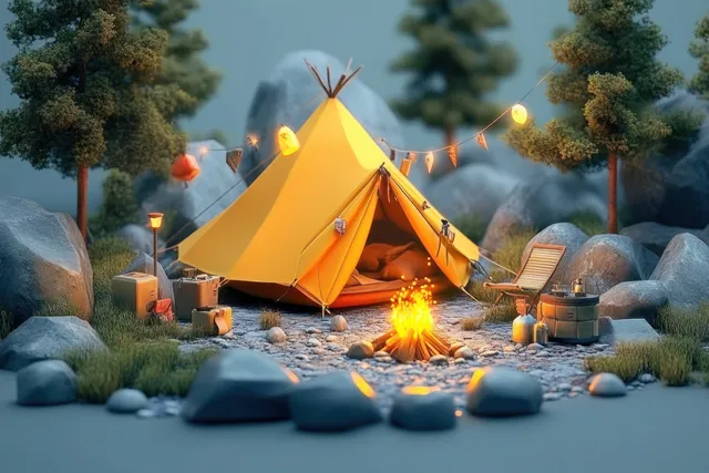 Yellow tent camping beside a glowing campfire with lantern string lights and forest trees behind rounded boulders.
