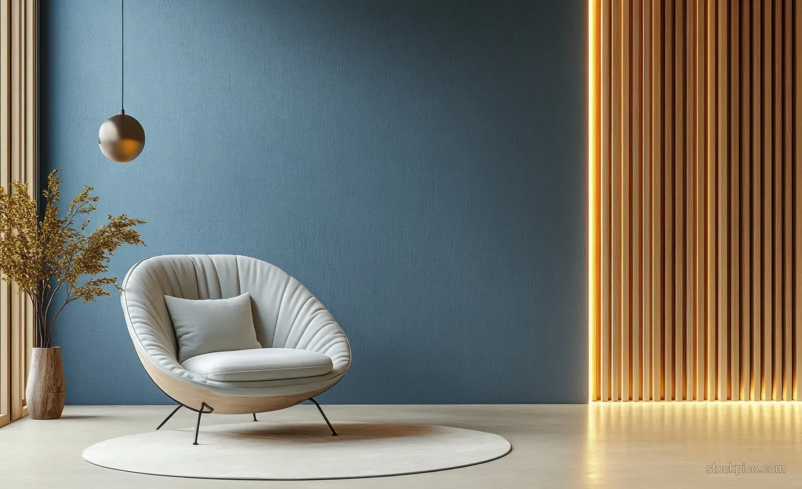 A light blue armchair is placed in a minimalist living room with warm lighting and neutral tones, creating a cozy atmosphere.