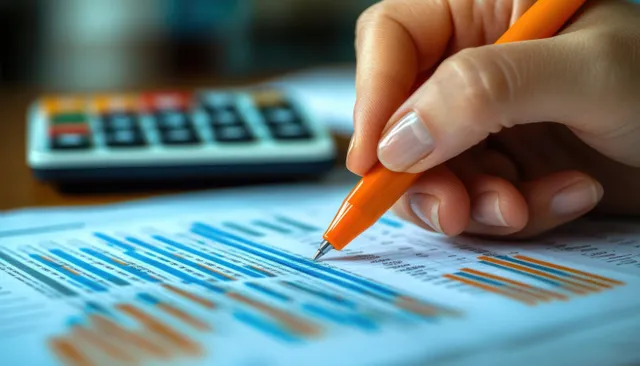 Orange pen in a hand marking a financial document with a blurred calculator in the background.