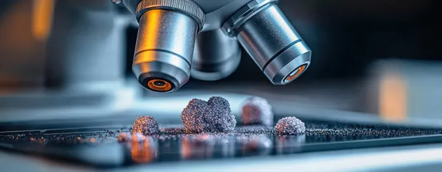 Microscope examining textured samples on a slide in a laboratory.