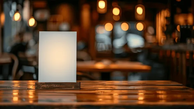 Blank table tent menu card displayed on a wooden cafe bar counter