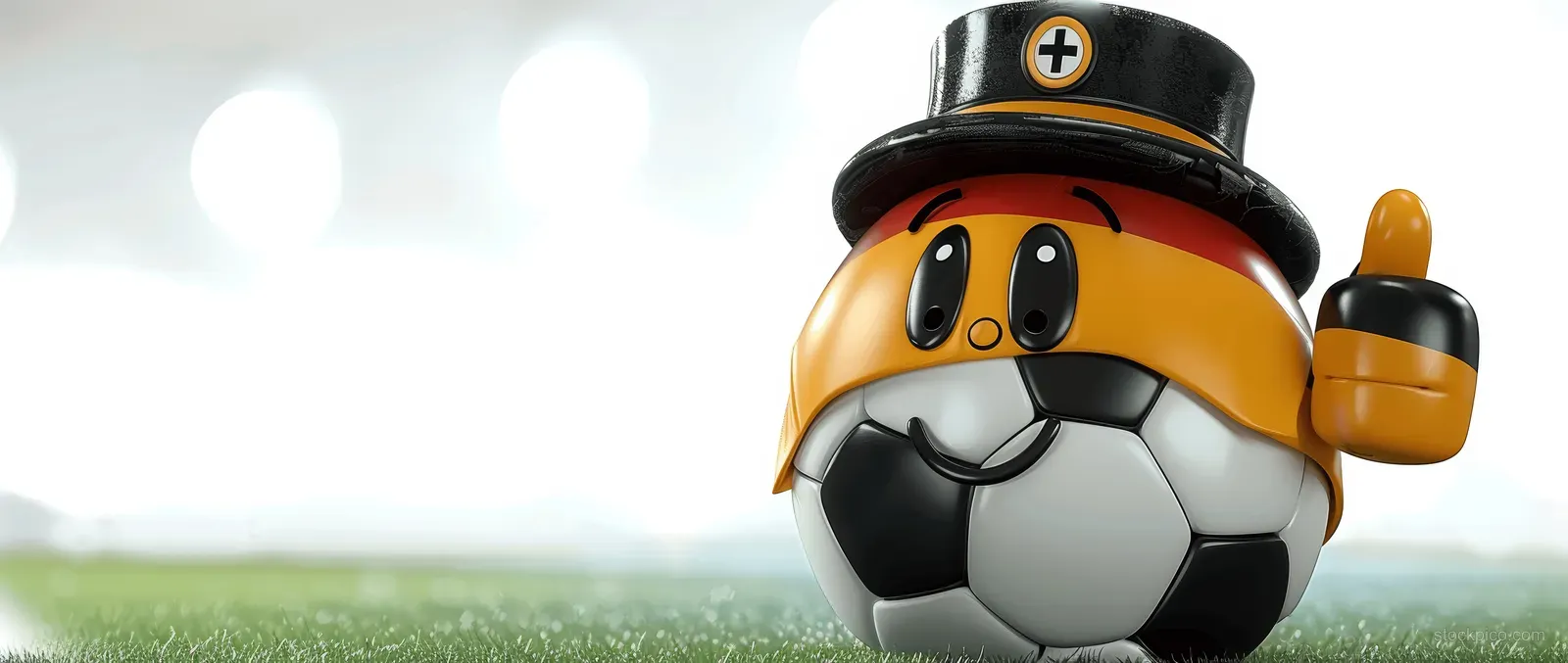 Smiling German soccer-ball mascot in a top hat giving a thumbs up on a grassy stadium field.