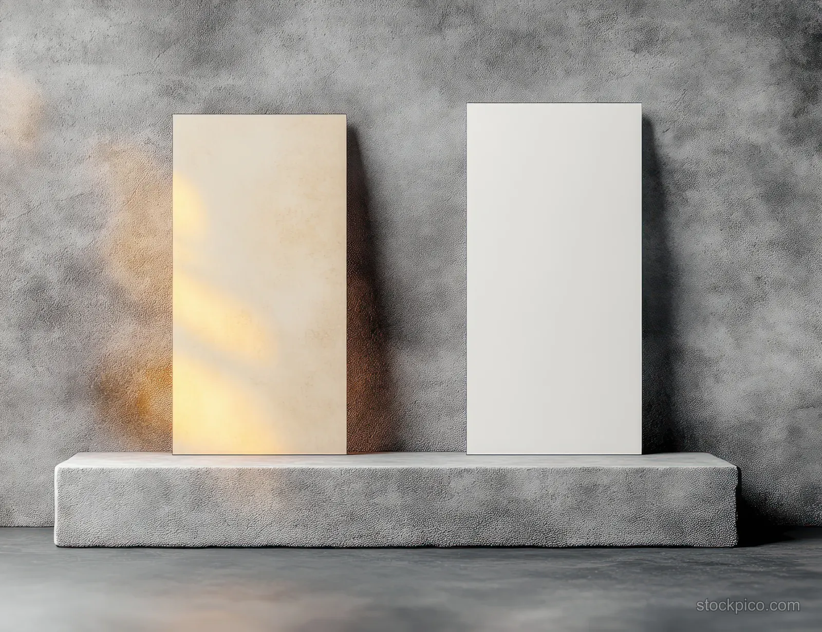 Two blank vertical canvases on a concrete pedestal against a textured gray wall with a warm sunlight shadow on the left.