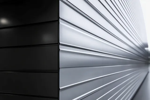 Close-up of a building corner with parallel black and silver horizontal metal panels and reflective lines.