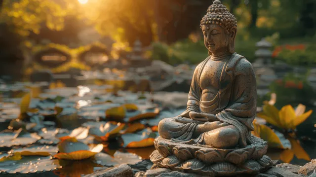 A meditating Buddha statue rests by a river pond with water lilies and golden-hour sunlight.