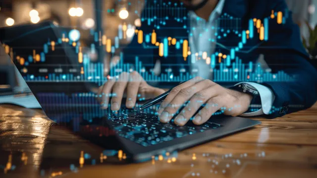 A businessman types on a laptop showing KPI charts while glowing candlestick data surrounds the screen.