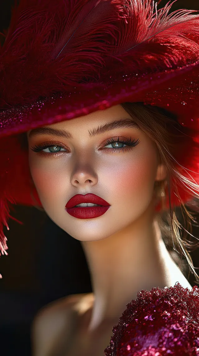 Woman in a dramatic red feather hat and sparkling red dress posed in close-up with bold red makeup.