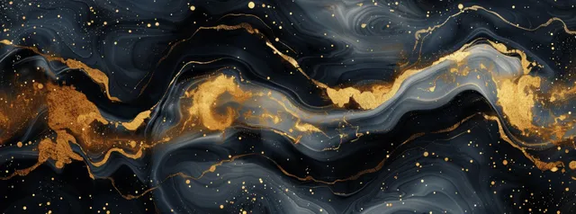 Dark stone background with flowing black and gold marbled liquid paint swirls and glittery golden speckles.