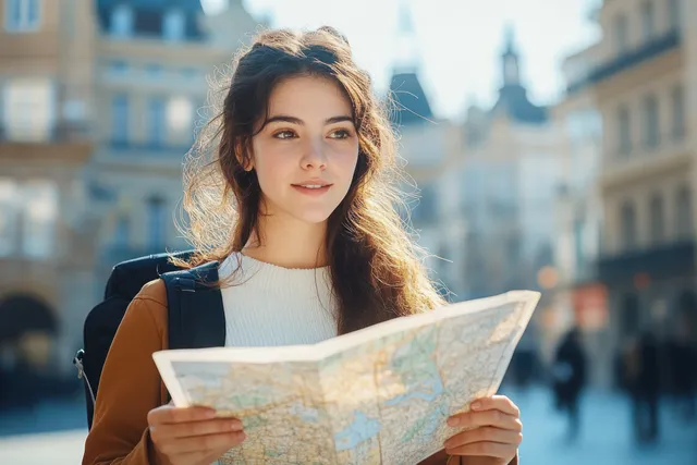 Young woman with backpack studying a city map on a bright street.
