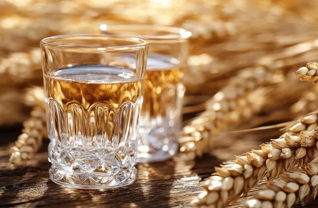 Clear grain spirit in cut-glass shot glass beside wheat on rustic wooden table