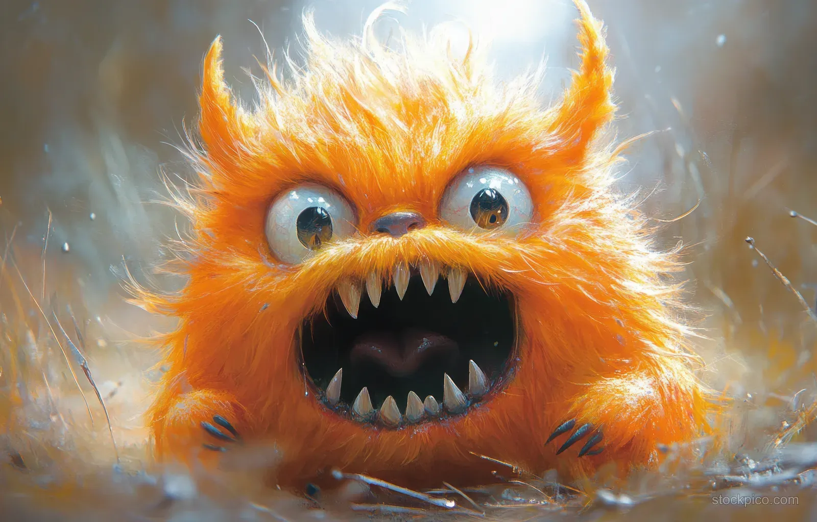 Orange furry cartoon monster with big blue eyes and jagged teeth leaping through a snowy sparkly background.