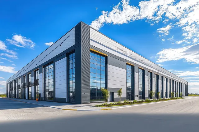 A modern warehouse exterior with reflective glass windows sits beside an empty paved road under a blue sky.