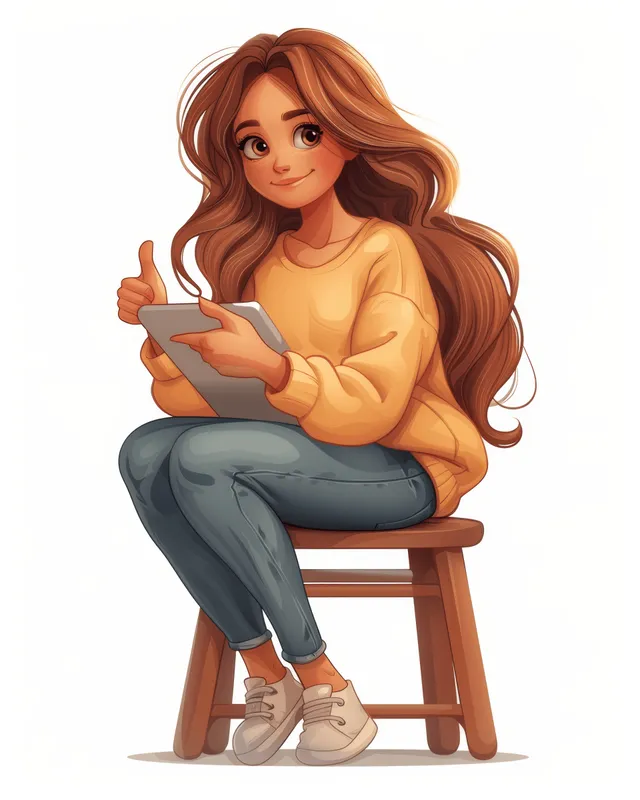 A smiling 3D cartoon woman sits on a bar stool holding a tablet and giving a thumbs-up on a white background.