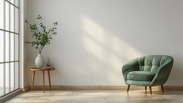 Green armchair and small wooden side table with a potted plant in a sunlit minimalist Scandinavian living room.
