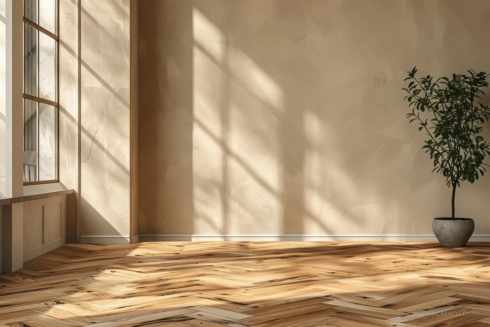 Sunlit minimalist dining room corner with light wood herringbone floor, beige wall, and potted plant by the window.