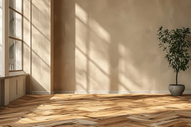 Sunlit dining room corner with light wood herringbone floor and beige wall backdrop